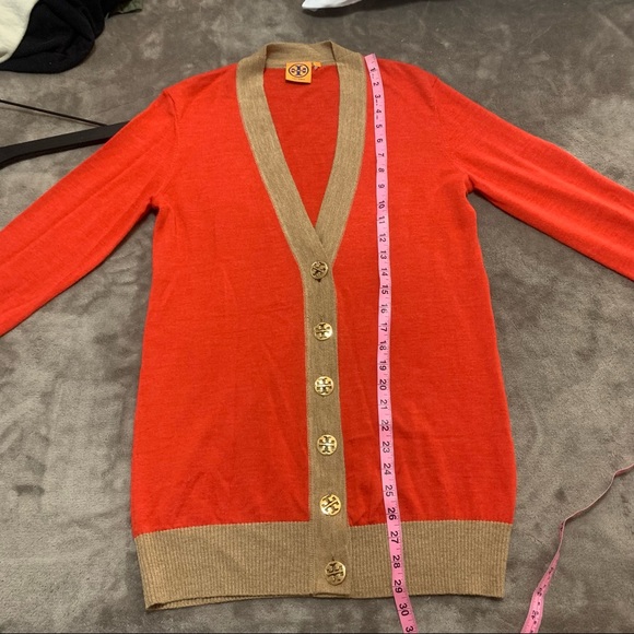 TORY BURCH Red Orange Tan Colorblock Merino Wool Knit Cardigan XS 30123102 - Picture 12 of 13